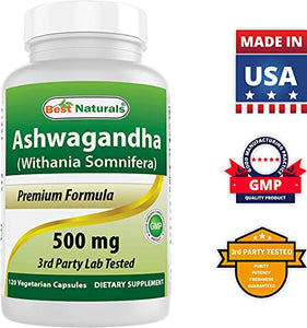 Best Naturals Ashwagandha Capsules for Relaxing Stress and Mood, 500 mg, 120 Count