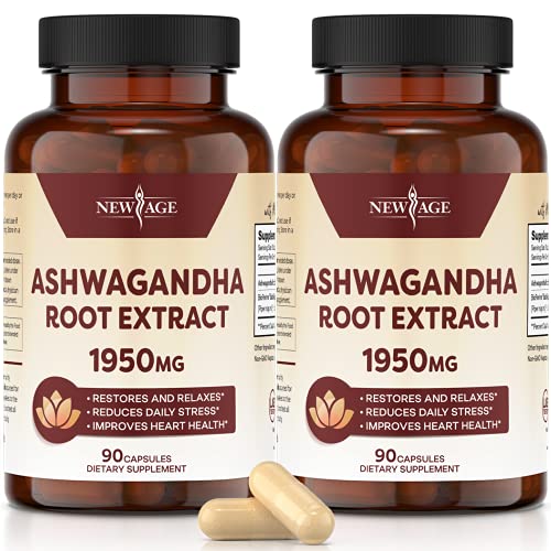 Ashwagandha 1950mg (2 Pack) - Ashwagandha Root Powder with BioPerine. Mood Support Supplement - 180 Veggie Capsules - New Age