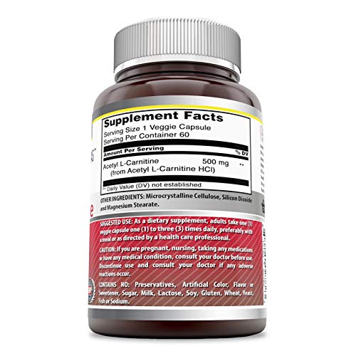 Amazing Formulas Acetyl L-Carnitine Hcl Veggie Dietary Supplement - 500 Mg, 60 Veggie Capsules Per Bottle - Promotes Energy Production, Supporting Brain Heath & Cognitive Function