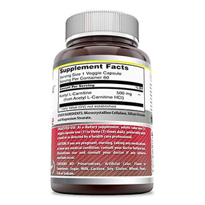 Amazing Formulas Acetyl L-Carnitine Hcl Veggie Dietary Supplement - 500 Mg, 60 Veggie Capsules Per Bottle - Promotes Energy Production, Supporting Brain Heath & Cognitive Function