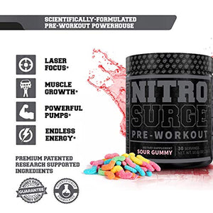 NITROSURGE Black Pre Workout Supplement - Nootropic Energy Booster Powder w/Dynamine & TeaCrine - PreWorkout Nitric Oxide Booster - 30 Servings, Sour Gummy