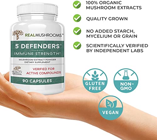 Real Mushrooms 5 Defenders Mushroom Supplements for Immune Support (90ct) Promote Better Overall Wellbeing w/ Chaga, Shiitake, Maitake, Turkey Tail, & Reishi Mushroom | Vegan, Non-GMO