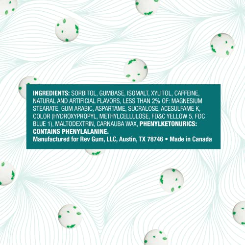 Rev Gum Caffeine Energy Gum | Extra Strength 100mg of Caffeine per Gem | Spearmint Sugar Free Caffeine Gum - Low Calorie Chews to Help You Stay Alert, Awake and Focused - Mint Chewing Gum - 12 Packs (72 Count)