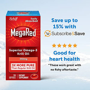 Antarctic Krill Oil 350mg Omega 3 Fatty Acid Supplement, MegaRed EPA & DHA Krill Oil Softgels (130cnt box), Phopholipids, Antioxidant Astaxanthin, Heart Health Supplement With No Fish Oil Aftertaste