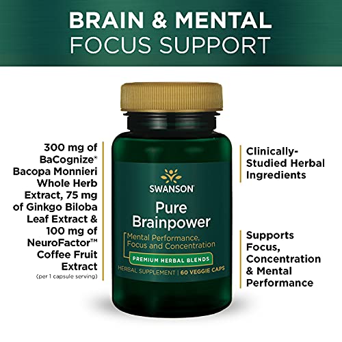 Swanson Pure Brainpower Brain Health Cognitive Memory Focus Support Brain-Derived Neurotrophic Factor (BDNF) Herbal Supplement (Ginkgo Biloba, Bacopa Monnieri) 60 Veggie Capsules (Veg Caps) Vegan