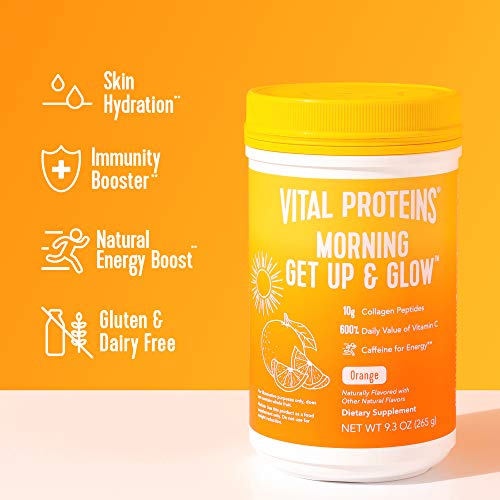 Vital Proteins Morning Get Up and Glow Collagen Peptides Powder Supplement, 90mg of Caffeine for Energy Plus Vitamin C, Biotin and Hyaluronic Acid - 9.3oz, Orange