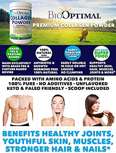 BioOptimal Collagen Powder, Collagen Peptides, Grass Fed, Non-GMO Premium Quality Hydrolyzed Collagen Protein, Pasture Raised, Dissolves Easily, 300 Grams