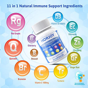 11 in 1 Immune Support Quercetin & Zinc 50mg Supplement with Vitamin C 1000mg, VIT D3 5000 IU, Echinacea, Turmeric, Elderberry and Bromelain - Immunity Booster for Adults Vegan Gluten Free - 60Ct