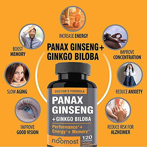 Authentic Korean Red Panax Ginseng + Ginkgo Biloba, 120 Vegan Capsules, Ginseng Root Extract Powder 1000mg (10% Ginsenosides) + Gingko Biloba 60mg, Energy and Focus Pills for Men and Women by NooMost