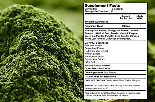 TURNER Super Greens Capsules with UAF1000+, Wheat Grass Supplement, All-Natural New Zealand Green Superfood Energy, Essential Veggies, Antioxidants, Enzymes, Detox & Cleanse, 180 Capsules, 2 Bottles
