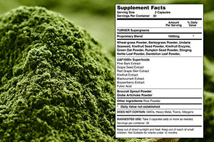 TURNER Super Greens Capsules with UAF1000+, Wheat Grass Supplement, All-Natural New Zealand Green Superfood Energy, Essential Veggies, Antioxidants, Enzymes, Detox & Cleanse, 180 Capsules, 2 Bottles