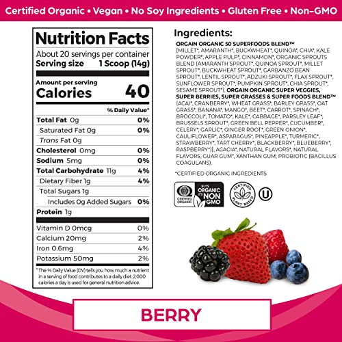 Orgain Organic Green Superfoods Powder, Berry - Antioxidants, 1 Billion Probiotics, Vegan, Dairy Free, Gluten Free, Kosher, Non-GMO, 0.62 Pound (Packaging May Vary).