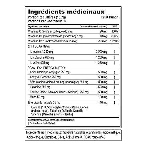 Evlution Nutrition BCAA Lean Energy - Essential BCAA Amino Acids + Vitamin C, Fat Burning & Natural Energy for Performance, Immune Support, Lean Muscle, Recovery, Pre Workout, 30 Serve, Fruit Punch