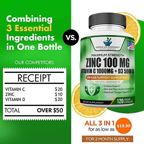 Zinc 100mg, Vitamin C 1000mg, Vitamin D 5000IU per Serving, Immune Support for Adults Kids, Immune System Booster Supplements, Non GMO, No Filler, No Stearate, 120 Vegan Capsules, 60 Day Supply