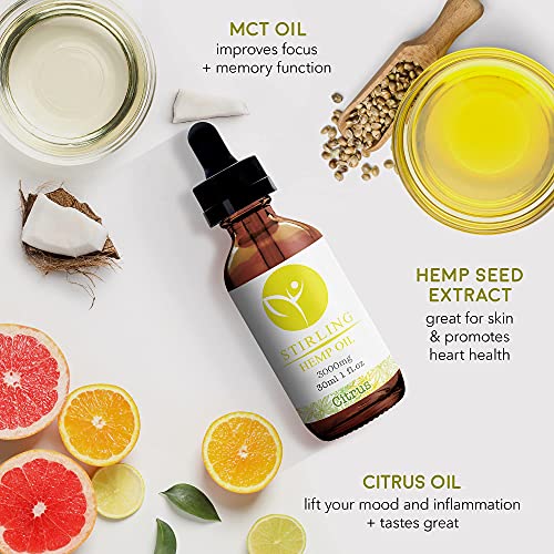 Hemp Oil for Stress and Plain - Organic, USA Hemp w/ MCT - Great Citrus Flavor - It’s The Real Deal - 3000mg 1 Bottle - Stirling