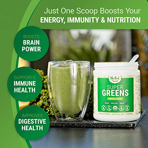 Super Greens | #1 Green Superfood Powder | 100% USDA Organic Non-GMO Vegan Supplement | 20+ Whole Foods (Spirulina, Wheat Grass, Barley), Probiotics, Fiber & Enzymes (Original, 30 Servings)