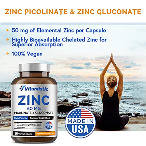 Vitamistic Zinc 50 mg, with Chelated Zinc Picolinate and Gluconate for Immune, Antioxidant, Skin Health & Growth and Development Support, Superior Absorption, Non-GMO, No Gluten, 90 Vegan Capsules