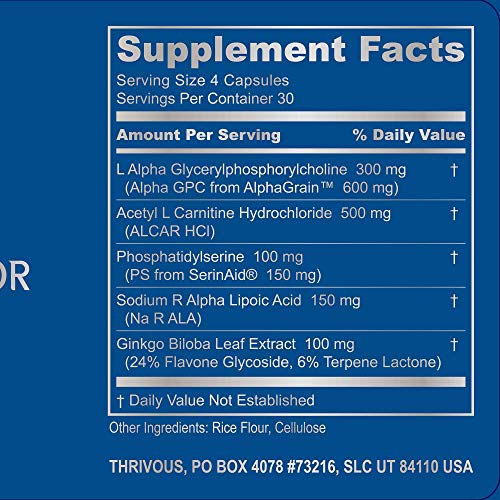 Thrivous Alpha - Enhance Brain & Nerve Function for Better Aging - Advanced Natural Nootropic Supplement: Alpha GPC, Acetyl L Carnitine, R Alpha Lipoic Acid, Ginkgo Biloba, SerinAid Phosphatidylserine
