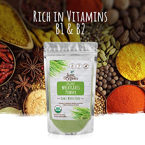 Super Organics Wheatgrass Powder | Rich in Vitamins B1 & B2 | Organic Superfood Powder | Raw Superfoods | Whole Food Supplement – Vegan & Non-GMO, 8 oz