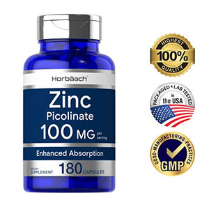 Zinc Picolinate 100mg | 180 Capsules | High Potency | Non-GMO, Gluten Free | Zinc Supplement | by Horbaach