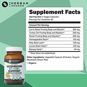 The Herban Shaman’s Mushroom Stress Support Capsules | Organic Mushroom Herbal Capsules with Reishi, Lions Mane, Turkey Tail, Lemon Balm, Bacopa (60 Capsules)