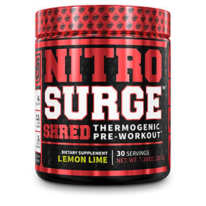 NITROSURGE Shred Pre Workout Supplement - Energy Booster, Instant Strength Gains, Sharp Focus, Powerful Pumps - Nitric Oxide Booster & PreWorkout Powder - 30Sv, Lemon Lime