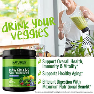 NATURELO Raw Greens Superfood Powder - Wild Berry Flavor - Boost Energy, Detox, Enhance Health - Organic Spirulina - Wheat Grass - Whole Food Nutrition from Fruits & Vegetables - 60 Servings