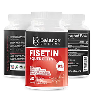 Balance Breens Fisetin + Quercetin 650mg - Supports Cognitive Function, Vitamin Supplement for Graceful Aging - Immune Support Powerful Antioxidant - 30 Non-GMO Vegan Capsules