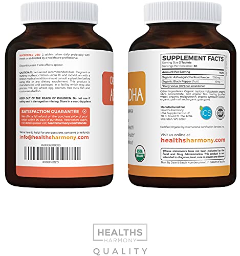 USDA Organic Ashwagandha (120 Tablets & Vegetarian) 1350mg Per Serve with Black Pepper - Natural Adrenal Support, Cortisol & Thyroid Support, Immune Support - No Pills or Capsules