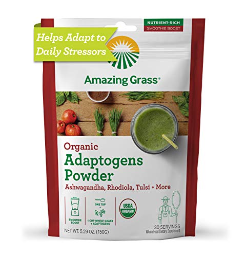 Amazing Grass Adaptogens Booster: Greens Powder with Ashwagandha, Rhodiola, Chaga & Tulsi, Smoothie Booster, 30 Servings