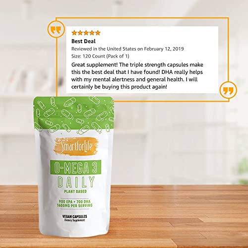 SMART FOR LIFE Algae Vegan Omega 3 Supplement - 180 Capsules - Plant Based Vegan Fish Oil Supplement Alternative - Algae Omega 3 Vegan EPA DHA Supplements - Friendly Packaging - Made in USA