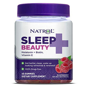 Natrol Sleep+ Beauty Melatonin Biotin and Vitamin E 100% Drug Free Gummy Raspberry Flavor Sleep Aid Gummies, 60 Count