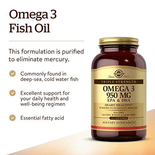 Solgar Triple Strength Omega-3 950 mg, 100 Softgels - Supports Cardiovascular, Joint & Skin Health - Heart Healthy Supplement - Essential Fatty Acids - Non GMO, Gluten Free, Dairy Free - 100 Servings
