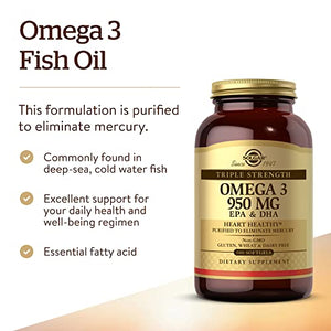 Solgar Triple Strength Omega-3 950 mg, 100 Softgels - Supports Cardiovascular, Joint & Skin Health - Heart Healthy Supplement - Essential Fatty Acids - Non GMO, Gluten Free, Dairy Free - 100 Servings