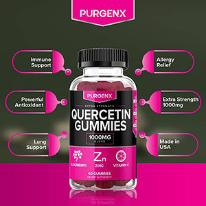 Quercetin + Zinc + Vitamin C 1000mg Gummies Supplements with Elderberry for Kids Adults Lung Immune Support Supplement Gummy, Immunity Allergy Relief Chewable Vitamins Powder Capsules Liquid (2 Pack)