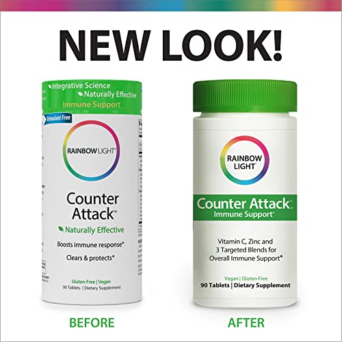 Rainbow Light Counter Attack with Vitamin C and Zinc, Gluten-Free, Vegan, Sugar-Free, 3 Targeted Blends For Overall Immune Support, 90 Tablets