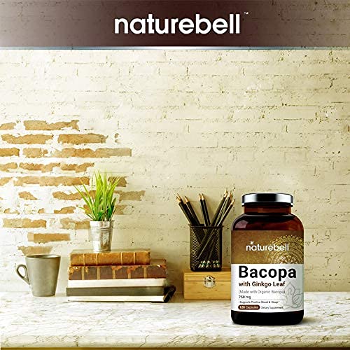 Bacopa Capsules 750mg (Made with Organic Bacopa Complex and Ginkgo Leaf Powder), 120 Counts, 3 in 1 Formula, Nootropics for Brain Booster for Enhanced Mental Focus and Memory, Non-GMO and Made in USA