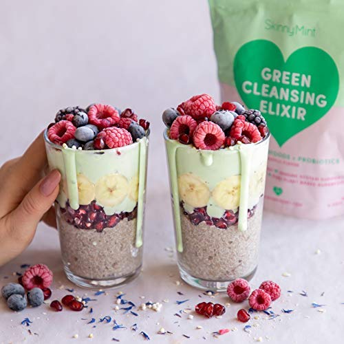 SkinnyMint Green Cleansing Elixir. Greens Superfood Powder containing 22+ Whole Foods (Wheat Grass, Spirulina, Chlorella) Probiotics, Fiber. Non GMO, Gluten Free, Vegan, Keto Approved