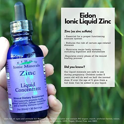 Eidon Ionic Minerals Liquid Zinc Concentrate - Ionic Zinc Drops, Boost Immune System & Mood, Relieves Stress, All-Natural, Vegan, Gluten-Free, No Preservatives or Additive - 2 Ounce Bottle