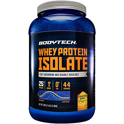 BodyTech Whey Protein Isolate Powder with 25 Grams of Protein per Serving BCAA's Ideal for PostWorkout Muscle Building Growth, Contains Milk Soy Strawberry Banana (3 Pound)