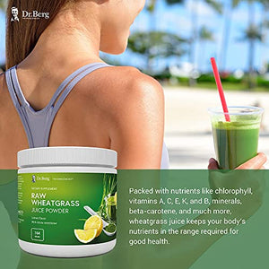 Dr. Berg's Raw Wheatgrass Juice Powder, Lemon Flavor w/ Stevia Sweetener - Green Superfoods Rich in Vitamins Chlorophyll & Trace Minerals - BioActive Dehydration & Ultra-Concentrated Nutrients 1 Pack