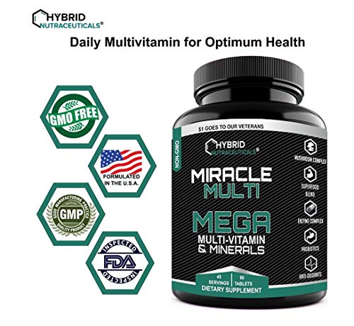 MEGA Multi Vitamins Minerals Blend, Daily Multivitamin Mineral Supplement, Probiotics, Superfood Digestive Enzyme Blend, Mushroom Complex, for Heart, Immune Support, Stamina, Energy (90 Tabs)