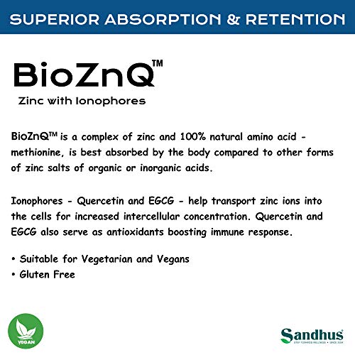 BioZnQ Zinc + Quercetin with Ionophores for Immune Protection Highly Absorbable Bioavailable Zinc Supplements,Gluten Free Zinc Supplement for Healthy Aging 60 Vegetarian Capsules