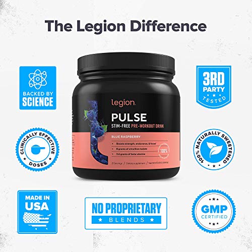 Legion Pulse, Best Caffeine Free Natural Pre Workout Supplement for Women and Men – Powerful Nitric Oxide Booster, Non Stimulant w/Beta Alanine, Citrulline and Alpha GPC, (Caffeine Free Blue Razz)