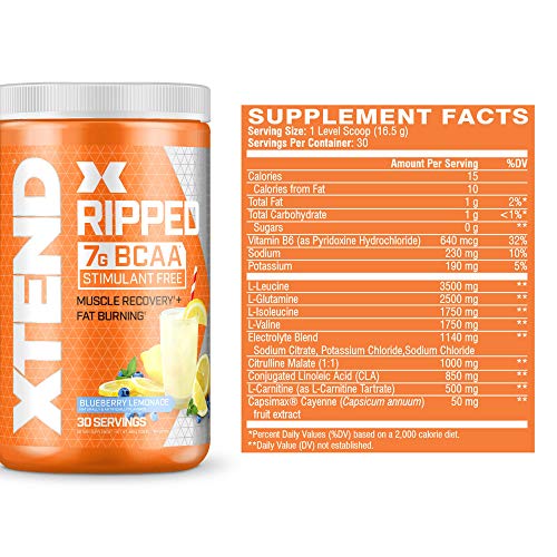 XTEND Ripped BCAA Powder Blueberry Lemonade | Cutting Formula + Sugar Free Post Workout Muscle Recovery Drink with Amino Acids | 7g BCAAs for Men & Women | 30 Servings