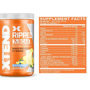 XTEND Ripped BCAA Powder Blueberry Lemonade | Cutting Formula + Sugar Free Post Workout Muscle Recovery Drink with Amino Acids | 7g BCAAs for Men & Women | 30 Servings