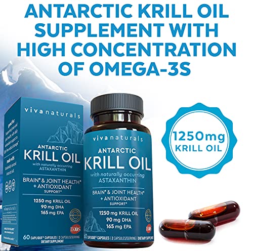 Krill Oil Supplement 1250mg - Antarctic Krill Oil Omega 3 Providing Astaxanthin, DHA and EPA, Joint Support and Brain Supplement with No Fishy Aftertaste (60 Capsules)