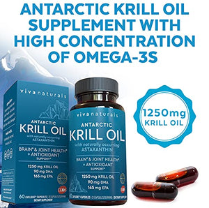 Krill Oil Supplement 1250mg - Antarctic Krill Oil Omega 3 Providing Astaxanthin, DHA and EPA, Joint Support and Brain Supplement with No Fishy Aftertaste (60 Capsules)