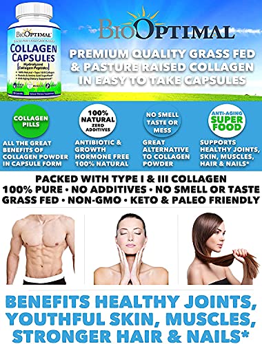 BioOptimal Collagen Pills - Collagen Supplements, 180 Capsules, for Skin, Hair, Nails & Joints, for Women & Men, Grass Fed, Non-GMO, Pasture Raised, Premium Quality