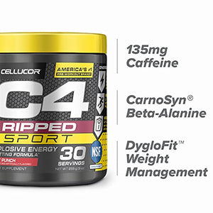 C4 Ripped Sport Pre Workout Powder Fruit Punch | NSF Certified for Sport + Sugar Free Preworkout Energy Supplement for Men & Women | 135mg Caffeine + Weight Loss | 30 Servings